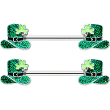 Load image into Gallery viewer, 14G 9/16 Glitter Top Hat Shamrock Barbell Nipple Ring Set

