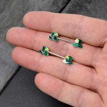 Load image into Gallery viewer, 14G 9/16 Glitter Top Hat Shamrock Barbell Nipple Ring Set
