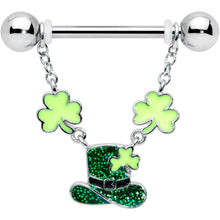 Load image into Gallery viewer, 14G 9/16 Glitter Top Hat Shamrock Chain Dangle Nipple Ring Set
