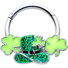 Load image into Gallery viewer, 16G 3/8 Glitter Top Hat Shamrocks St Patricks Hinged Segment Ring
