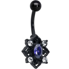 Load image into Gallery viewer, Purple Clear Gem Black Scrolling Hearts Belly Ring
