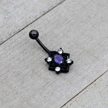 Load image into Gallery viewer, Purple Clear Gem Black Scrolling Hearts Belly Ring
