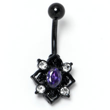 Load image into Gallery viewer, Purple Clear Gem Black Scrolling Hearts Belly Ring
