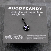 Load image into Gallery viewer, Purple Clear Gem Black Scrolling Hearts Belly Ring
