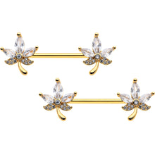 Load image into Gallery viewer, 14G 3/4 Clear CZ Gem Gold Tone Pot Leaf Barbell Nipple Ring Set
