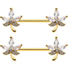 Load image into Gallery viewer, 14G 3/4 Clear CZ Gem Gold Tone Pot Leaf Barbell Nipple Ring Set
