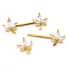 Load image into Gallery viewer, 14G 3/4 Clear CZ Gem Gold Tone Pot Leaf Barbell Nipple Ring Set
