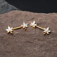 Load image into Gallery viewer, 14G 3/4 Clear CZ Gem Gold Tone Pot Leaf Barbell Nipple Ring Set
