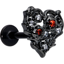 Load image into Gallery viewer, 16G 5/16 Red Clear CZ Gem Black Floral Heart Labret Monroe Tragus
