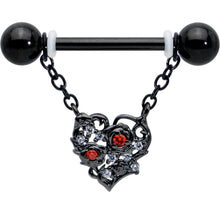 Load image into Gallery viewer, 14G 9/16 Red CZ Gem Black Floral Heart Chain Dangle Nipple Ring Set
