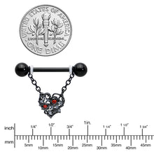 Load image into Gallery viewer, 14G 9/16 Red CZ Gem Black Floral Heart Chain Dangle Nipple Ring Set
