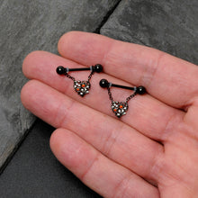 Load image into Gallery viewer, 14G 9/16 Red CZ Gem Black Floral Heart Chain Dangle Nipple Ring Set
