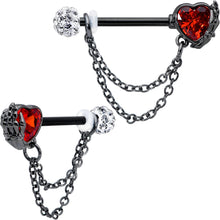 Load image into Gallery viewer, 14G 9/16 Red CZ Gem Black Heart Hand Chain Dangle Nipple Ring Set
