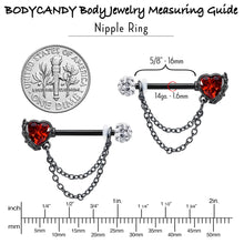 Load image into Gallery viewer, 14G 9/16 Red CZ Gem Black Heart Hand Chain Dangle Nipple Ring Set
