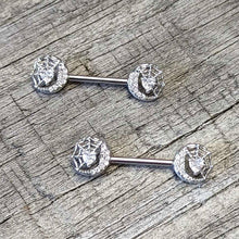 Load image into Gallery viewer, 14G 9/16 Clear CZ Gem Heart Web Moon Barbell Nipple Ring Set
