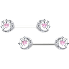 Load image into Gallery viewer, 14G 9/16 Pink CZ Gem Heart Web Moon Barbell Nipple Ring Set
