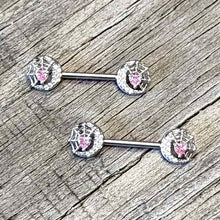 Load image into Gallery viewer, 14G 9/16 Pink CZ Gem Heart Web Moon Barbell Nipple Ring Set
