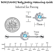 Load image into Gallery viewer, 14G Blue CZ Gem Heart Web Moon Industrial Barbell 38mm
