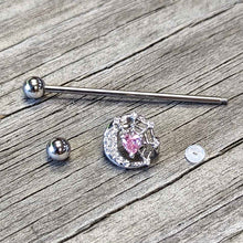 Load image into Gallery viewer, 14G Pink CZ Gem Heart Web Moon Industrial Barbell 38mm
