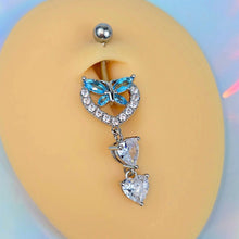 Load image into Gallery viewer, Blue Clear Gem Butterfly Hearts Of Love Dangle Belly Ring

