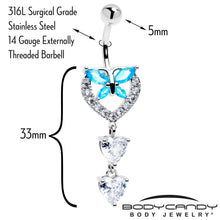 Load image into Gallery viewer, Blue Clear Gem Butterfly Hearts Of Love Dangle Belly Ring
