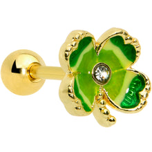 Load image into Gallery viewer, 16G 1/4 Clear Gem Gold Hue Lucky Shamrock Cartilage Tragus Earring
