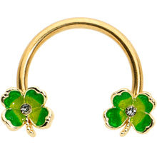 Load image into Gallery viewer, 16G 3/8 Clear Gem Gold Hue Lucky Shamrock Horseshoe Circular Barbell

