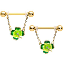 Load image into Gallery viewer, 14G 9/16 Clear Gem Gold Hue Lucky Shamrock Dangle Nipple Ring Set
