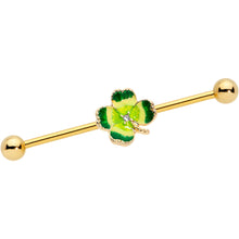 Load image into Gallery viewer, 14G Clear Gem Gold Tone Lucky Shamrock Industrial Barbell 38mm
