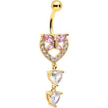 Load image into Gallery viewer, Clear Pink CZ Gem Gold Tone Heart Butterfly Double Dangle Belly Ring
