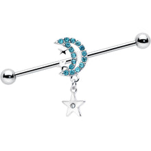 Load image into Gallery viewer, 14G Blue CZ Gem Moon Dangle Star Industrial Barbell 38mm
