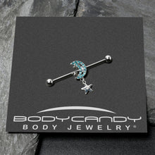 Load image into Gallery viewer, 14G Blue CZ Gem Moon Dangle Star Industrial Barbell 38mm
