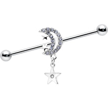 Load image into Gallery viewer, 14G Clear CZ Gem Moon Dangle Star Industrial Barbell 38mm
