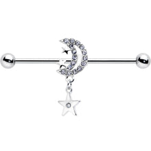 Load image into Gallery viewer, 14G Clear CZ Gem Moon Dangle Star Industrial Barbell 38mm
