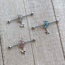 Load image into Gallery viewer, 14G Clear CZ Gem Moon Dangle Star Industrial Barbell 38mm
