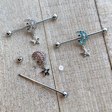 Load image into Gallery viewer, 14G Clear CZ Gem Moon Dangle Star Industrial Barbell 38mm
