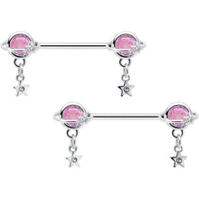 Load image into Gallery viewer, 14G 9/16 Pink CZ Gem Starry Saturn Dangle Nipple Ring Set
