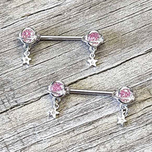 Load image into Gallery viewer, 14G 9/16 Pink CZ Gem Starry Saturn Dangle Nipple Ring Set
