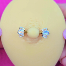 Load image into Gallery viewer, 14G 9/16 Clear CZ Gem Gold Tone Regal Rectangles Nipple Ring Set
