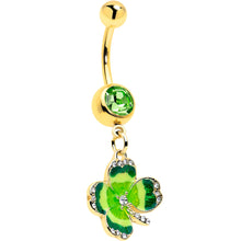 Load image into Gallery viewer, Clear Green Gem Gold Tone Lucky Shamrock Dangle Belly Ring
