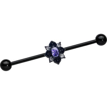 Load image into Gallery viewer, 14G Purple Gem Black Scrolling Hearts Industrial Barbell 38mm
