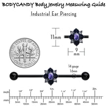 Load image into Gallery viewer, 14G Purple Gem Black Scrolling Hearts Industrial Barbell 38mm
