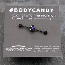 Load image into Gallery viewer, 14G Purple Gem Black Scrolling Hearts Industrial Barbell 38mm
