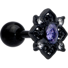 Load image into Gallery viewer, 16G 1/4 Purple Gem Black Scrolling Hearts Cartilage Tragus Earring

