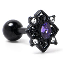 Load image into Gallery viewer, 16G 1/4 Purple Gem Black Scrolling Hearts Cartilage Tragus Earring
