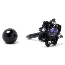 Load image into Gallery viewer, 16G 1/4 Purple Gem Black Scrolling Hearts Cartilage Tragus Earring
