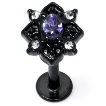 Load image into Gallery viewer, 16G 5/16 Purple Gem Black Scrolling Hearts Labret Monroe Tragus
