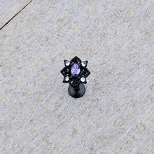 Load image into Gallery viewer, 16G 5/16 Purple Gem Black Scrolling Hearts Labret Monroe Tragus
