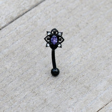 Load image into Gallery viewer, 16G 5/16 Purple Gem Black Scrolling Hearts Curved Eyebrow Ring
