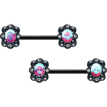 Load image into Gallery viewer, 14G 9/16 Aurora Gem Black Filigree Fantasy Barbell Nipple Ring Set
